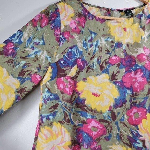 J. Crew Scoopneck Floral Print 3/4 Sleeve Blouse Pink Yellow Size XS - Picture 2 of 9